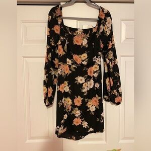 𝅺lush black floral long sleeve dress back cut out spring summer
